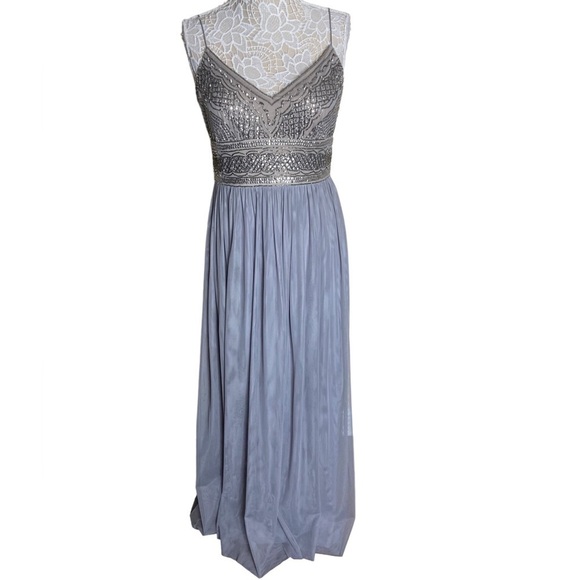 NWT BHLDN x Adrianna Papell Aida Beaded Chiffon Gown in Pewter - Picture 3 of 8